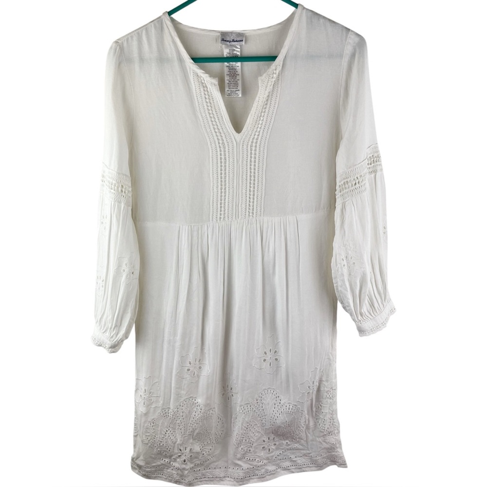 Tommy Bahama St.Lucia Split-Neck Linen Blend Boho Embroidered Lace Dress XXS Pet